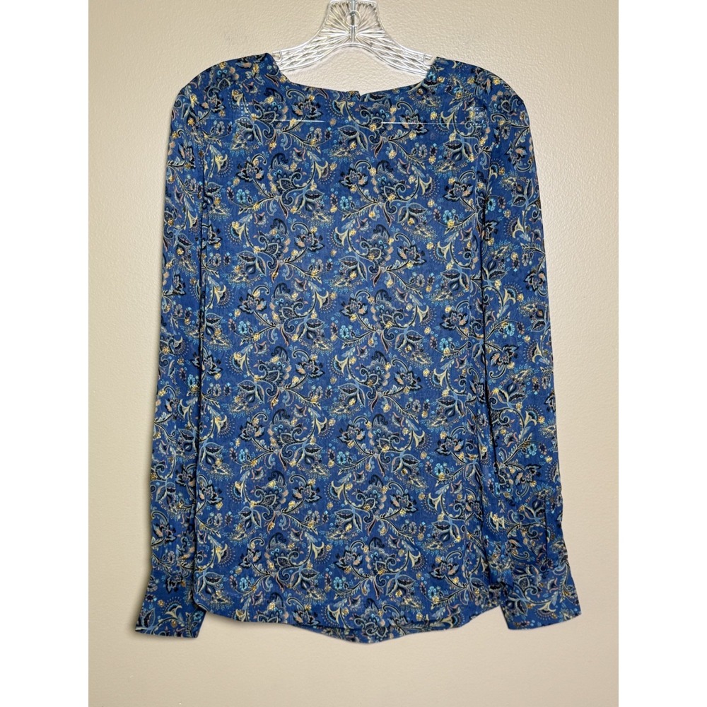 Gilli Blue Gold Metallic Paisley Sheer Blouse Mock Neck CRT3085 Small